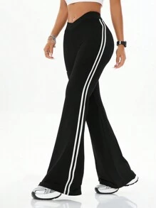 Coolane 女式街头休闲运动字母印花弹力编织带纹理装饰舒适黑色喇叭裤 - 黑色 - 查看 6