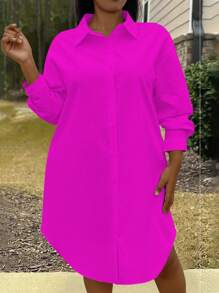 Inoviana Plus Size Spring/Summer Casual Solid Color Button Front Shirt Dress Fall Cloth For Women - Hot Pink - View 4