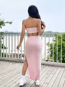 SHEIN EZwear 夏季時尚實色無肩帶上衣＆中裂大腿裙套裝 - 粉色 - 查看 2