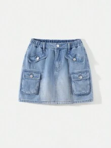 SHEIN Teen Girl Pocketed Solid Color Denim Skirt, Summer