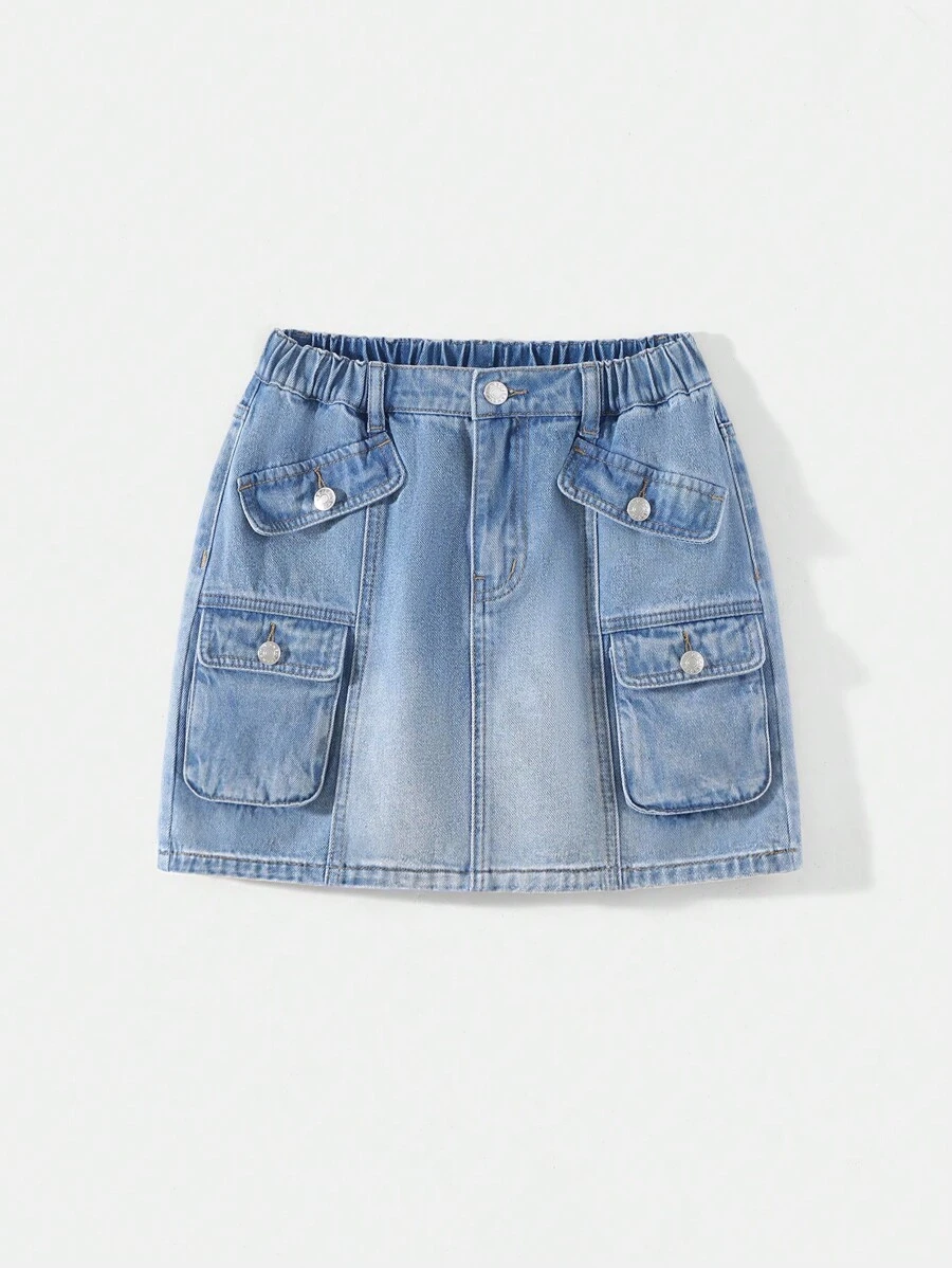 SHEIN Teen Girl Pocketed Solid Color Denim Skirt, Summer
