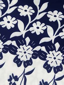 Plus Size Casual Color Block Flower Print Short Sleeve T-Shirt And Printed Shorts Set - Navy Blue - View 5