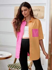 SHEIN Maternity Young Sporty Casual Long Shirt, Color Block, Loose Fit, With Collar, Placket, And Pockets