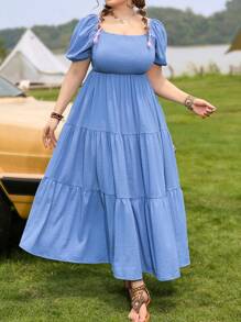 Dreamara Casual Vacation Seaside Light Blue Ruffle Hem Loose And Comfortable Plus Size Long Dress - Baby Blue - View 1