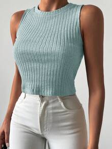 Cottnline Chất rắn Đồ đan Ribbed Áo ba lỗ - màu xanh lá - Xem 3