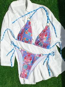 SHEIN Swim Conjunto de bikini de dos piezas con estampado floral aleatorio, cuello de halter y sexy, para vacaciones de verano de mujer - Multicolor - Ver 8