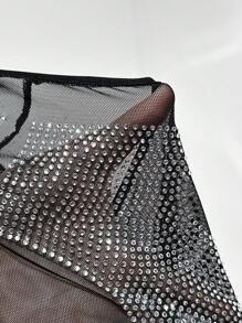 SHEIN ICON Plus Size Women's Sexy See-Through Halter Top With Rhinestone Decor And Stylish Design, For Summer - Black - View 7