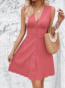 Breezaya 纯色度假风格无袖连衣裙，正面带纽扣，度假海滩装，女式 - 玫紅色 - 查看 3