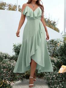 SHEIN Belle Plus Size Summer Elegant Solid Color Ruffled Wrap Cami Dress, Wedding Guest Dress