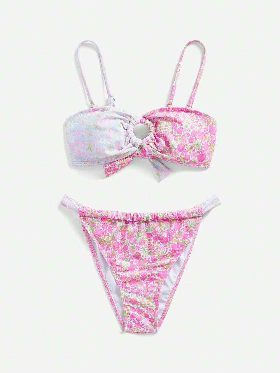 Women Summer Beach Vacation Ditsy Floral Print Ring Detail Tie Back Bikini Set, Mommy And Me Matching Outfits (Sold Separately)