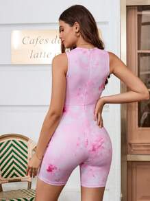 SHEIN Maternity Outdoor Sports Tie-Dye Print Round Neck Sleeveless Jumpsuit With Back Zipper Closure, Short & Tight-Fitting Style - Pink - View 2