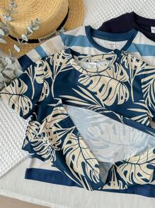 6pcs Young Boy Casual Striped & Leaf Print Short Sleeve T-Shirt With Elastic Waist Shorts, Holiday Outfits