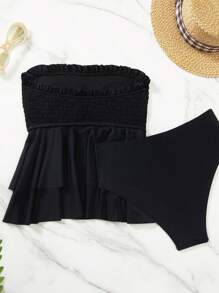 SHEIN Swim Mod Bộ đồ bơi hở lưng xếp nếp màu trơn đi biển dành cho nữ mùa hè - màu đen - Xem 7