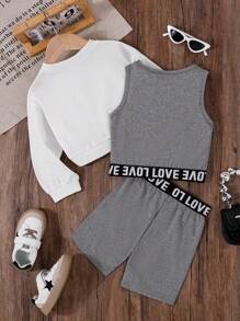 SHEIN Young Girls' Casual Style 3pcs/Set Sleeveless Top, Long Sleeve Sweatshirt, And Shorts For Spring/Summer - Multicolor - View 2