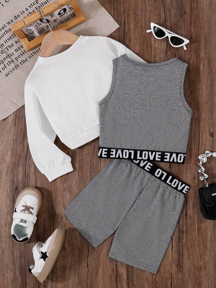 Young Girls' Casual Style 3pcs/Set Sleeveless Top, Long Sleeve Sweatshirt, And Shorts For Spring/Summer