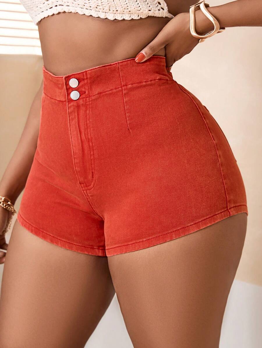 SHEIN SXY Plus Size Women's Sexy Stretchy Denim Shorts, Red - Red - View 1