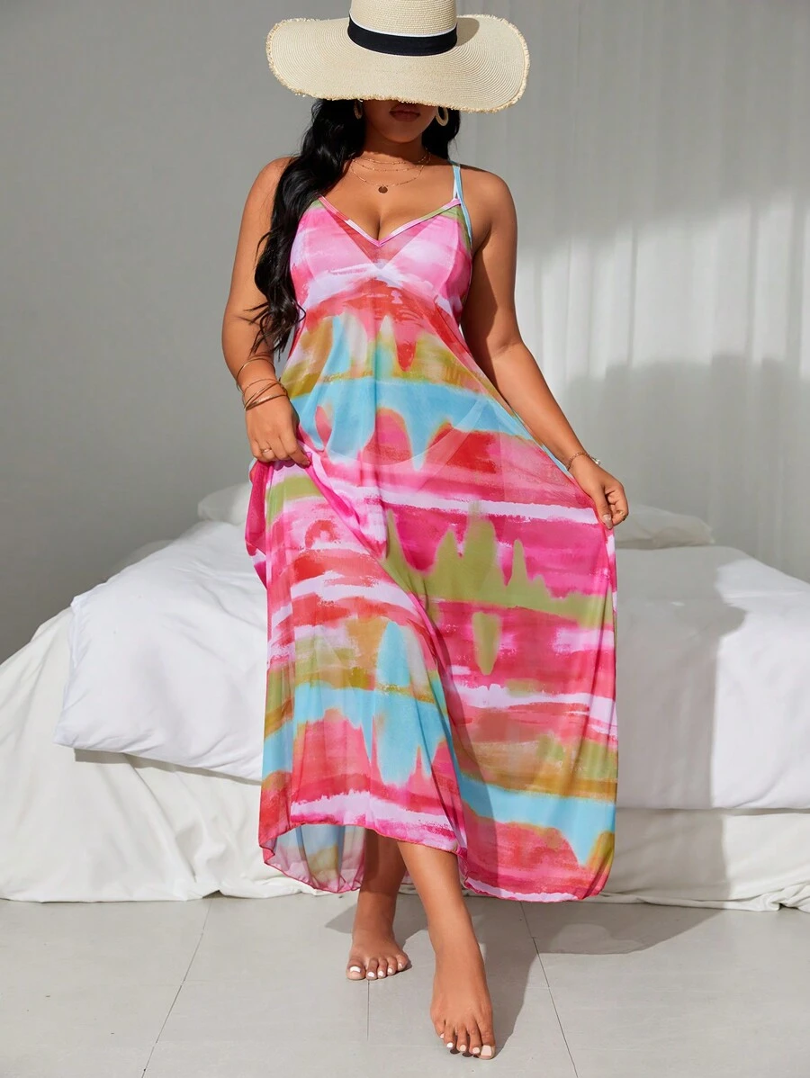 SHEIN Swim Curve Summer Beach Plus Size Cross Back Printed Cover-Up Dress With Slit - Multicolor - View 1