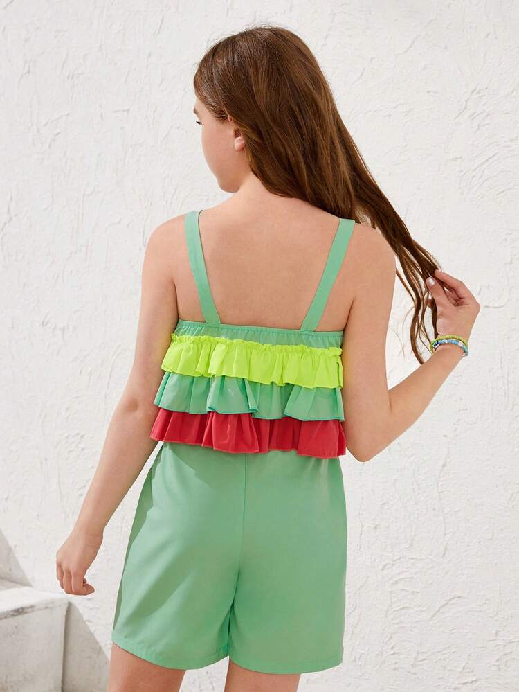 Tween Girl Vacation Style Color-Blocked Ruffle Trim Tank Top And Belted Shorts Set, Summer
