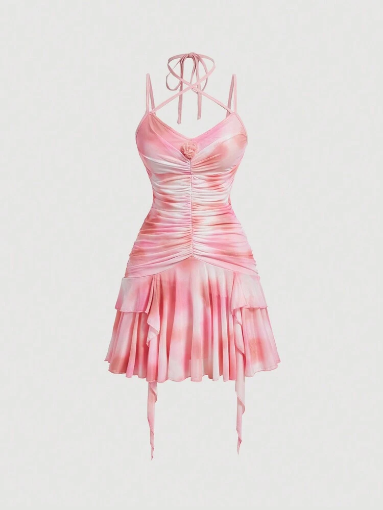 Summer Midi Tie Dye Dress With Rose Decoration, Regular Fit, Ruched, Tiered Hem And Spaghetti Strap,Pink Women Dresses