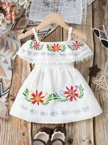 New Spring/Summer Baby Girls Embroidery Off Shoulder Dress With Large Floral Pattern - White - View 2