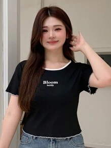 Dazy Petite Plus Plus Size Summer Contrast Trim Letter Print Short Sleeve T-Shirt - Black - View 5