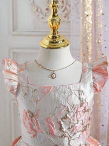 Robe élégante en jacquard à volants pour jeune fille, idéale pour la cérémonie de mariage, la fête d'anniversaire, l'hôtesse - Rose bonbon - Voir 3