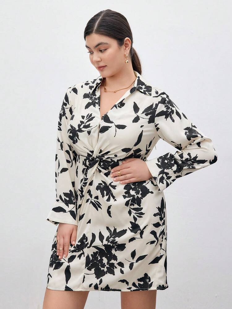 Plus Size Women Floral Print Long Sleeve Woven Twist Casual Elegant Dress