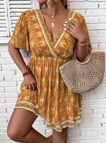 Breezaya Kích thước lớn Của phụ nữ Hoa In Cổ chữ V Ngắn tay Xù Hoa Sen Đầm - Nhiều màu - Xem 3