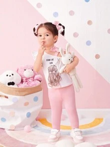 SHEIN Baby Girl Casual Summer Knitwear Cartoon Patterned Top & Solid Color Snug Fit Long Pants Set With Elastic Waistband, Suitable For Summer - Pink - View 4