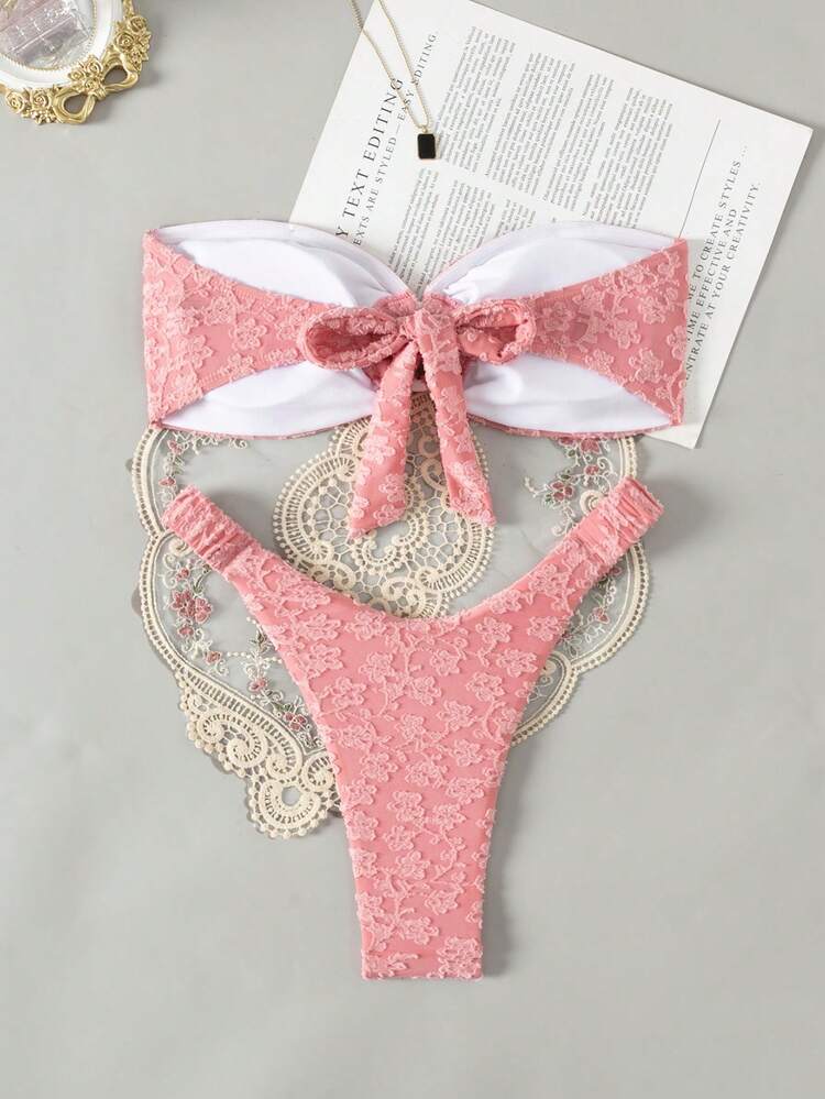 Women's Floral Jacquard Halter Bikini Set With Circular Ring Detail, Perfect For Vacation,Summer Beach