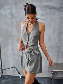 Chiquease 2 piezas Conjunto de Mujer: Top corto gris con diseño atractivo sin espalda y lazo al frente, con lazo en la cintura y detalle de moño; Falda corta - Gris - Ver 5