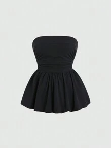 Sweetra 女士夏季简约露肩荷叶边上衣，带褶皱 Y2K 服装 - 黑色 - 查看 1