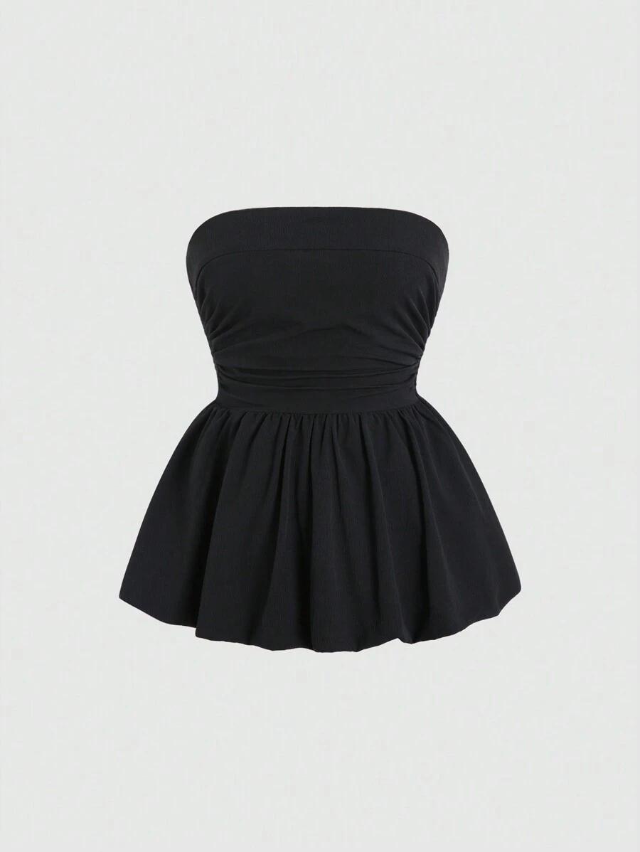 Sweetra 女士夏季简约露肩荷叶边上衣，带褶皱 Y2K 服装 - 黑色 - 查看 1