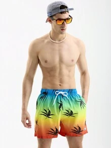 Manfinity Men Vacation Leisure Pool Plant Printed Tie-Dye Beach Shorts