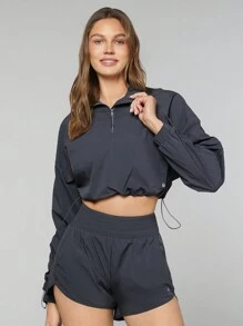 GLOWMODE Woven Airy Lightweight Loose Adjustable Sleeves Half-Zip Collar Crop Pullover Gym Workout Running - Iron Gray - View 7