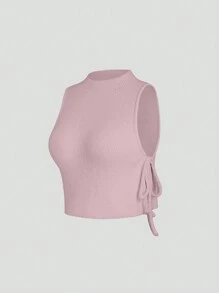 SHEIN Unity 女式无袖扭纹针织上衣，侧系带，夏季 - 粉色 - 查看 3