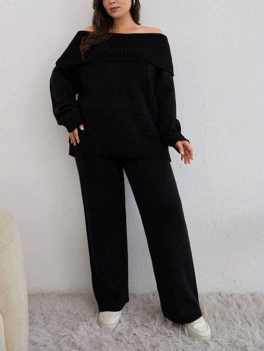 EURMUSE PLUS SIZE OFF SHOULDER SWEATER CO-ORDS, For Winter - Black - View 1