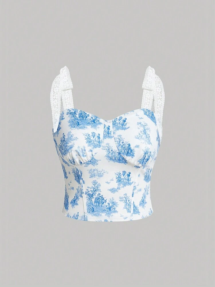 Blue & White Vintage Floral Contrast Lace-Up Plus Size Women Cami Top For Summer