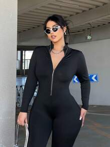 Flirla 大碼拉鍊連身褲 - 黑色 - 查看 7