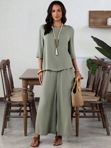 EMERY ROSE 2pcs/Set Women Solid Color Elegant Round Neck Elbow Sleeve Green Wide Leg Pants