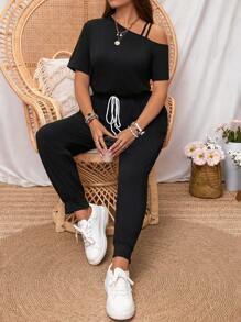 SHEIN LUNE Mono de talla grande sin hombros con mangas cortas y cintura ajustable con corbata con pantalón largo negro, primavera/verano