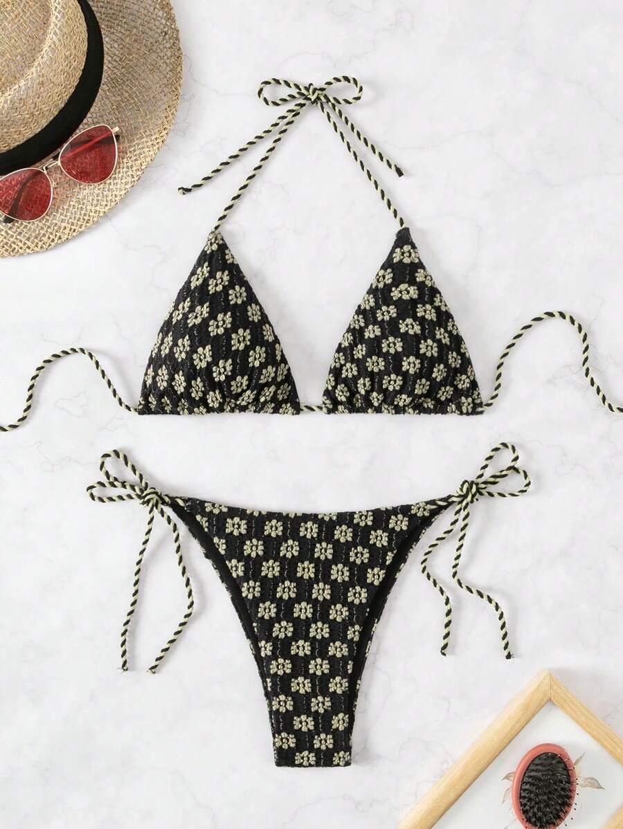 SHEIN Swim 女士花卉印花露背比基尼套裝，度假風格 - 粉色 - 查看 1