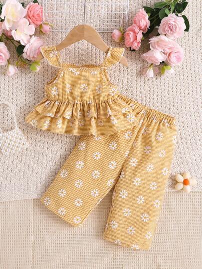 Baby Girl Casual Vacation Plaid & Floral Pattern Sleeveless Top With Elastic Waist Long Pants Set