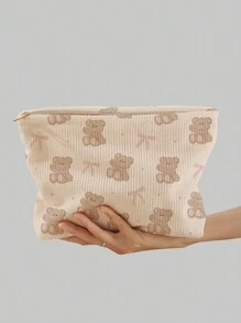 ROMWE Kawaii Double-Sided Printing Corduroy Cosmetic Bag With Bear & Bowknot Pattern - Multicolor - View 1