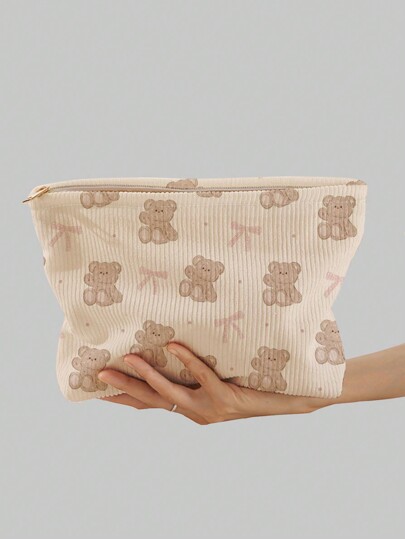 Kawaii Double-Sided Printing Corduroy Cosmetic Bag With Bear & Bowknot Pattern
