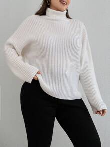 EURMUSE 大码高领落肩毛衣，适合冬季 - 白色 - 查看 3