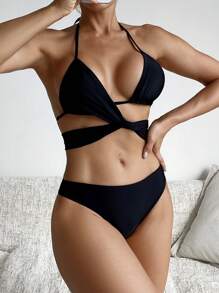 SHEIN Swim Women's Solid Color Hollow Out Twist Back Halter Neck Bikini Set,Summer Beach - Black - View 4