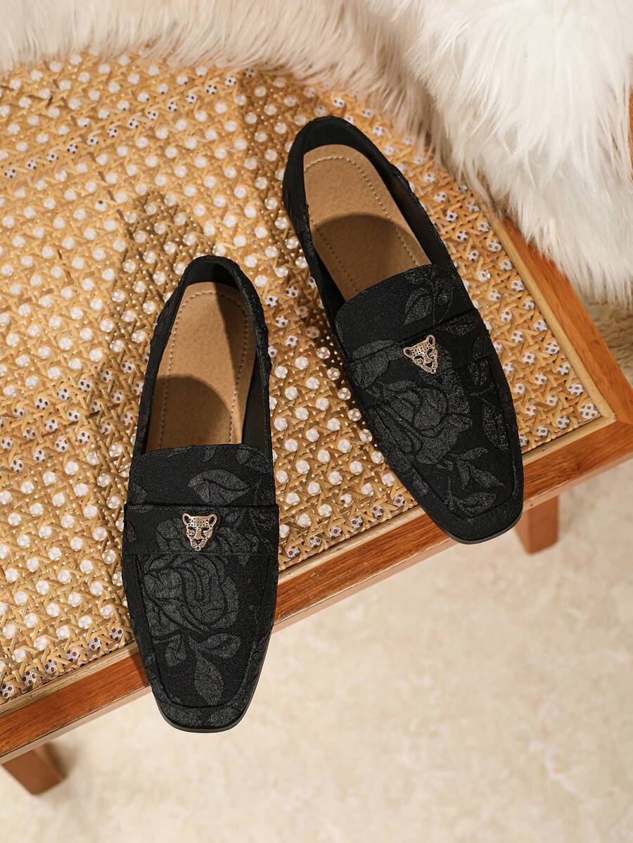 2025 Autumn Tiger Head Metal Buckle Square Toe Flat Loafer Shoes, Slip-On Comfortable Deep-Cut Shoes In Black For Women