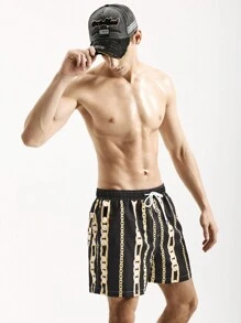 Surfspeed Men Drawstring Waist Chain Print Casual Loose Beach Shorts - Black - View 5
