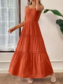 SHEIN Essnce Women's Orange Woven Neckline & Lace Splicing A-Line Casual Dress With Spaghetti Straps For Summer